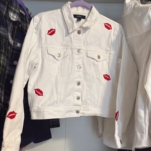 Topshop Red and White Cropped Jean Jacket with Playful Design